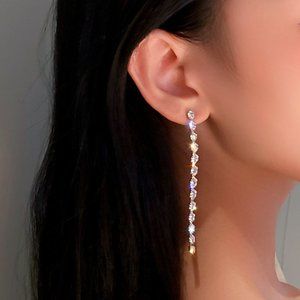 NEW~ Anthropologie Long Crystal Chain Drop Gold Earrings